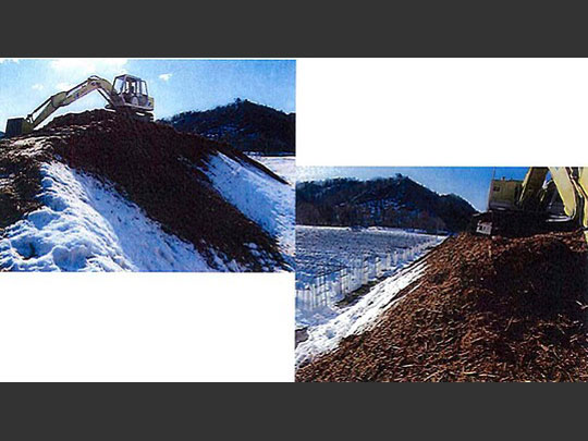 <b>6.雪山被覆</b><br /> バーク材を雪山にかぶせて、30cmの厚さで全体を覆い保冷貯蔵します。 スライドショー画像6